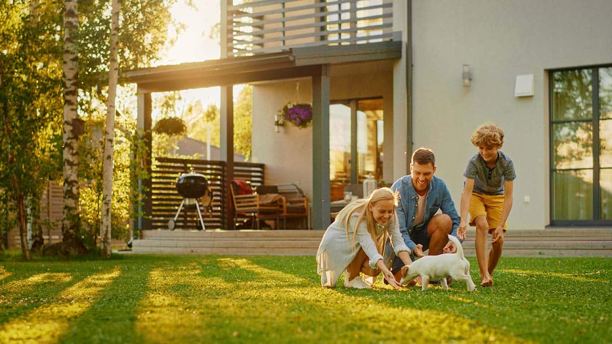 family of three playing with their dog in the back yard of their 2 storey house with the sun setting in the background