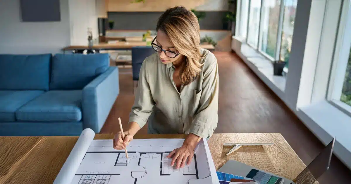 Designer working on the plans for a major home renovation